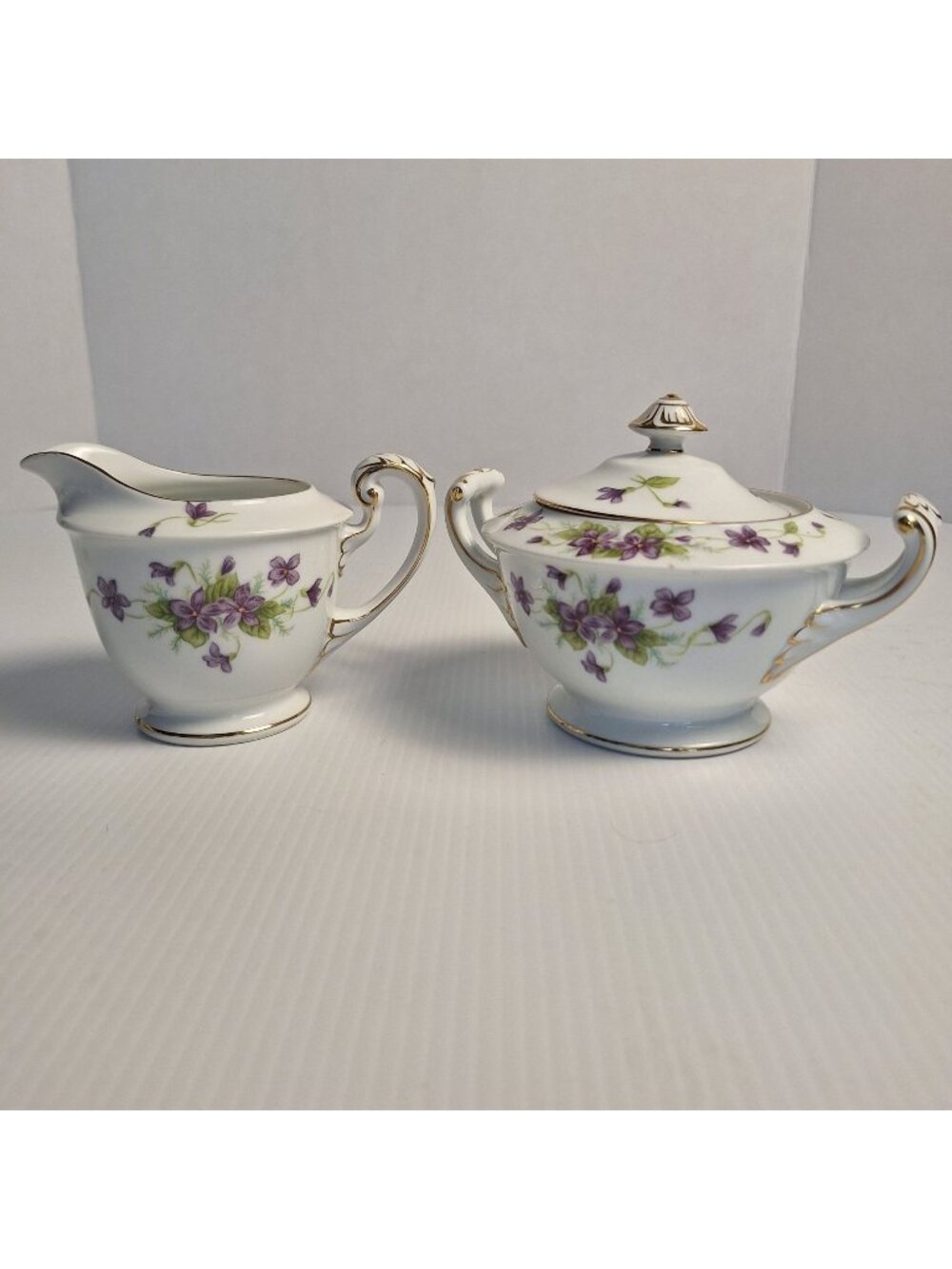 WENTWORTH CHINA JAPAN PURPLE FLORAL GOLD TRIM CREAM AND LIDDED SUGAR SET VIOLA